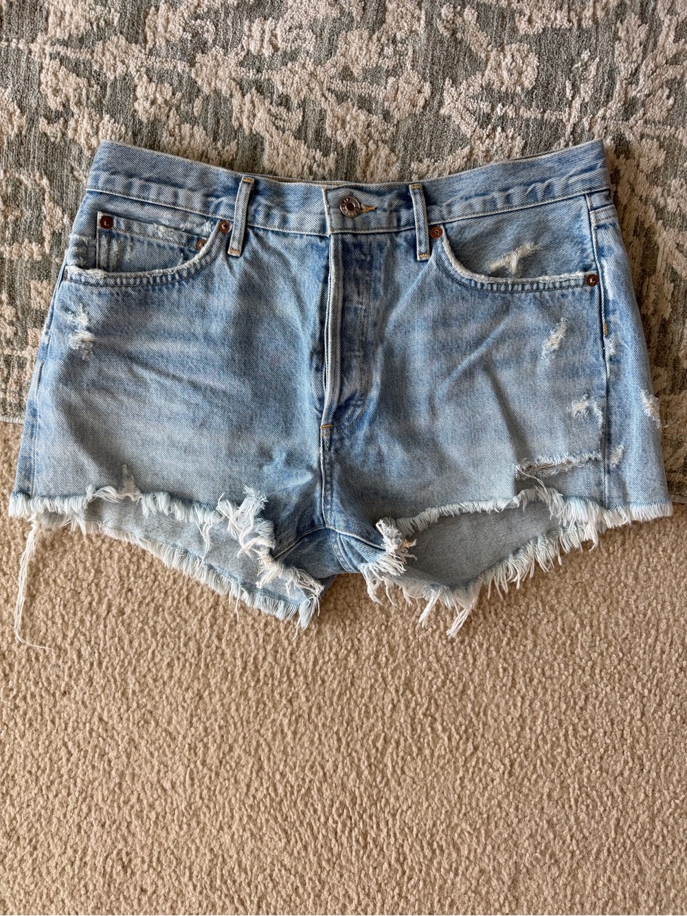 Agolde Light Blue Distressed Denim Cutoff Shorts